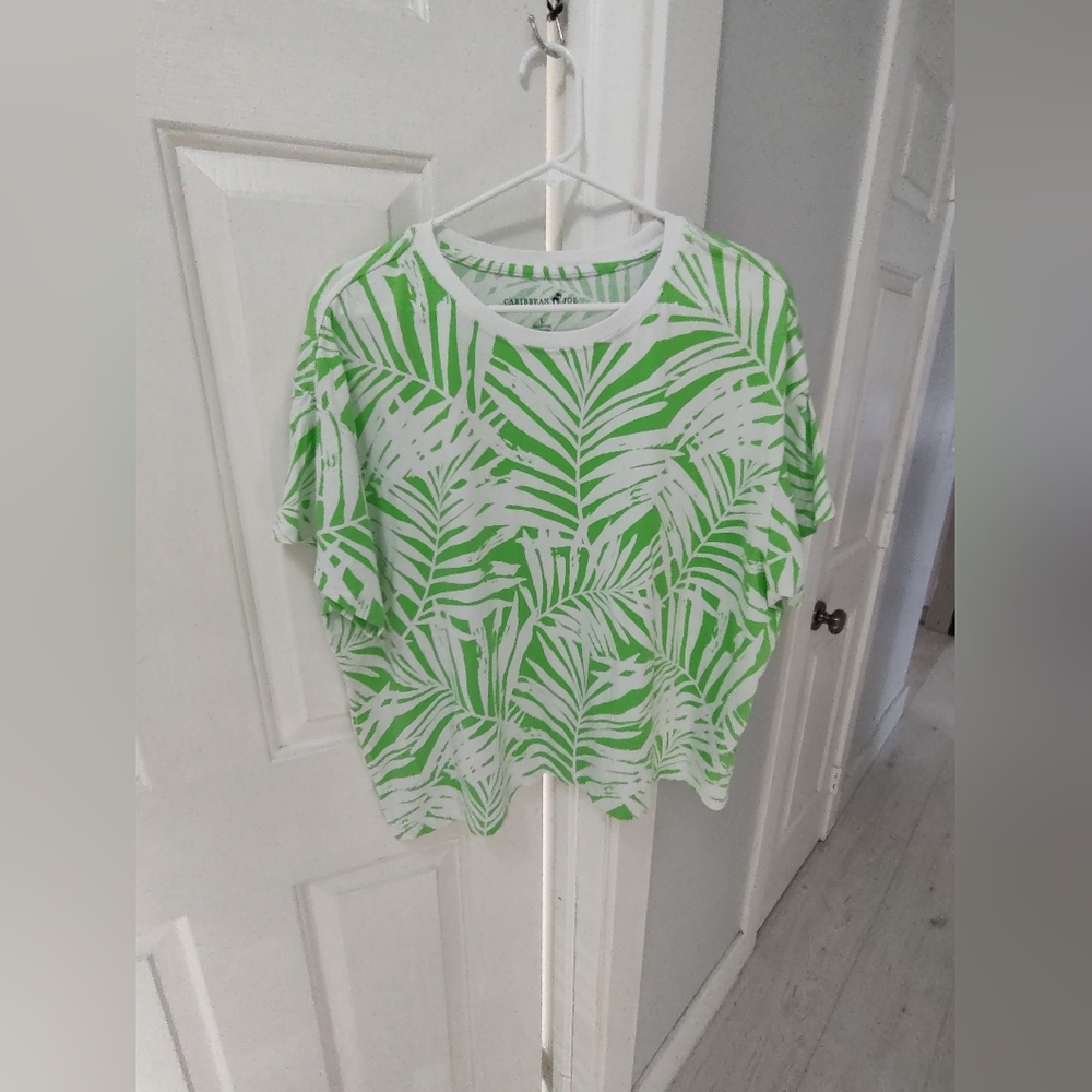 Caribbean Joe White & Lime Green Tropical Leaf Print Women's Top